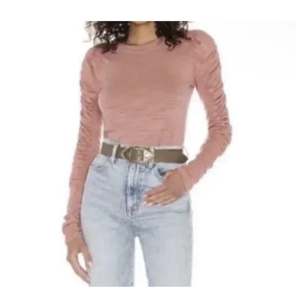 WE THE FREE Natasha Ruched Top Sz Large Cotton Blend Slub Long Sleeve Pink